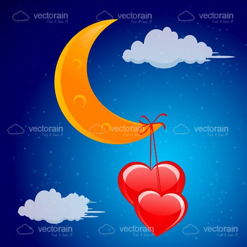 Illustrated Crescent Moon with Hearts Hanging from the Bottom